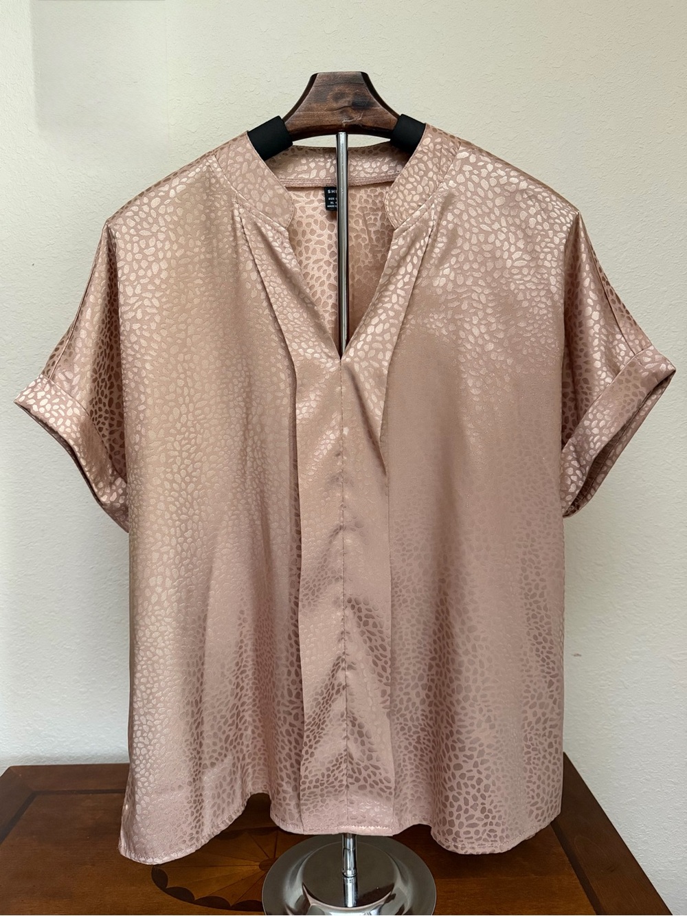 SHEIN Rose Gold Satin V-Neck Short Sleeve Blouse